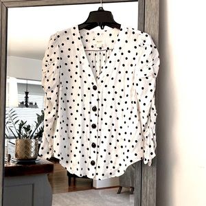 Maeve by Anthropologie, S, polka dot button up rouched sleeve blouse, beautiful!
